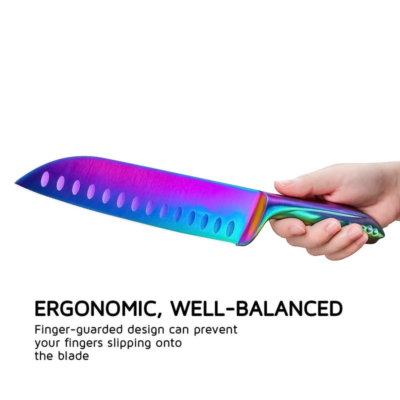 WELLSTAR Santoku Knife 7 Inch WELLSTAR, Super Sharp German Steel Kitchen Cooking Knife with Comfortable Handle and Rainbow Titanium Coating for Chopping Slicing Dicing and Mincing of Meat Vegetables and Fruits - Image 4